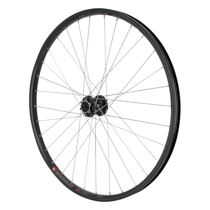 ROUE VTC CARGO / VAE / E-BIKE / LONGTAIL AVANT DISQUE ET V-BRAKE DOUBLE PAROI AVEC OEILLETS MOYEU SHIMANO M475 DISQUE 6 TROUS NOIR BLOCAGE (RENFORCE) JANTE 25C 32 RAYONS INOX