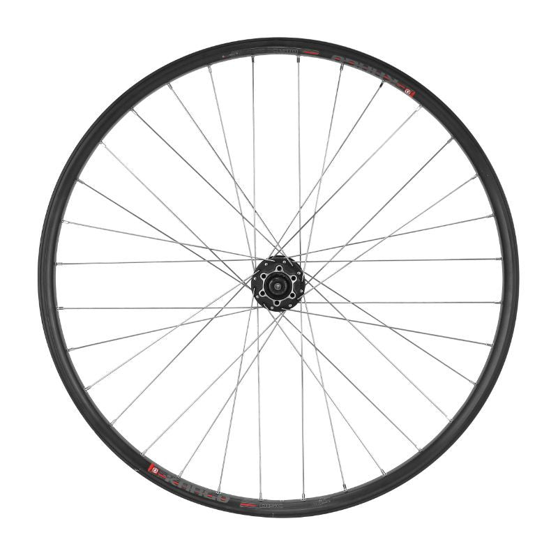 ROUE VTC CARGO / VAE / E-BIKE / LONGTAIL AVANT DISQUE ET V-BRAKE DOUBLE PAROI AVEC OEILLETS MOYEU SHIMANO M475 DISQUE 6 TROUS NOIR BLOCAGE (RENFORCE) JANTE 25C 32 RAYONS INOX