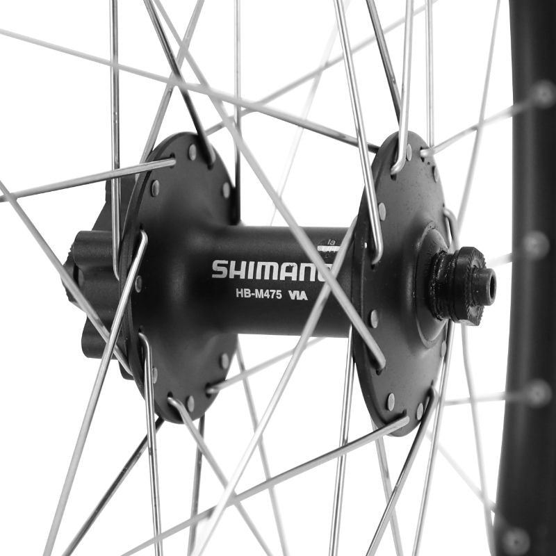 ROUE VTC CARGO / VAE / E-BIKE / LONGTAIL AVANT DISQUE ET V-BRAKE DOUBLE PAROI AVEC OEILLETS MOYEU SHIMANO M475 DISQUE 6 TROUS NOIR BLOCAGE (RENFORCE) JANTE 25C 32 RAYONS INOX