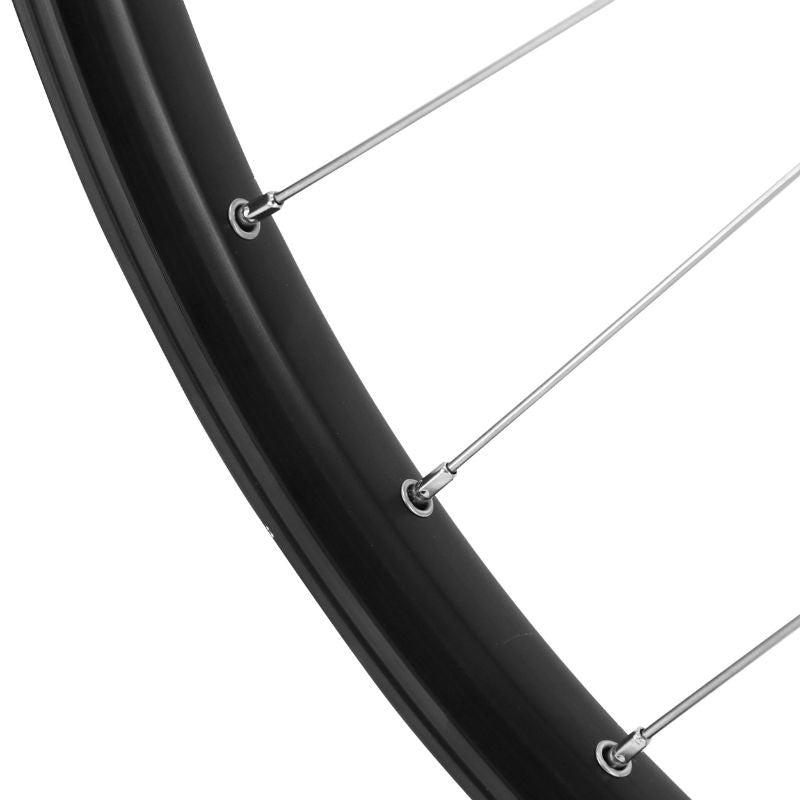 ROUE VTC CARGO / VAE / E-BIKE / LONGTAIL AVANT DISQUE ET V-BRAKE DOUBLE PAROI AVEC OEILLETS MOYEU SHIMANO M475 DISQUE 6 TROUS NOIR BLOCAGE (RENFORCE) JANTE 25C 32 RAYONS INOX