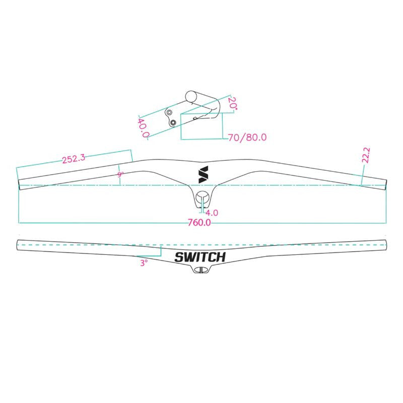 CINTRE VTT DROIT SWITCH CONCORDE AVEC POTENCE INTEGREE FULL CARBONE L760mm POTENCE L 80mm (poids 260g) POUR PIVOT 1" 1/8.