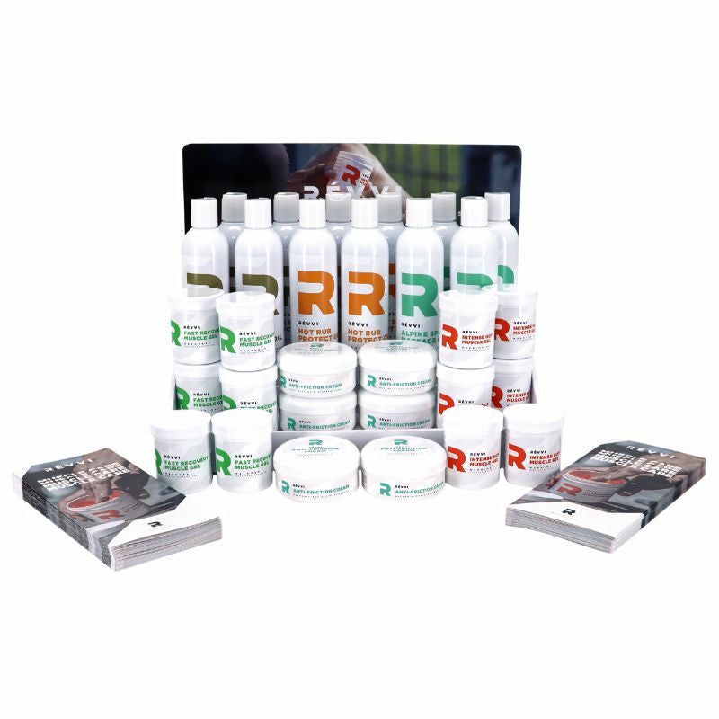 PRESENTOIR REVVI CYCLING ARGENT AVEC 18 POTS 100ML ET 12 SPRAYS 250ML (DETAIL VOIR ARGUMENTAIRE)