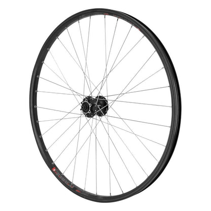 ROUE VTC CARGO / VAE / E-BIKE / LONGTAIL AVANT DISQUE ET V-BRAKE DOUBLE PAROI AVEC OEILLETS MOYEU SHIMANO M475 DISQUE 6 TROUS NOIR BLOCAGE (RENFORCE) JANTE 25C 32 RAYONS INOX
