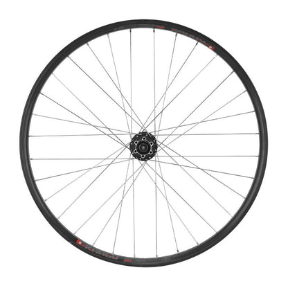 ROUE VTC CARGO / VAE / E-BIKE / LONGTAIL AVANT DISQUE ET V-BRAKE DOUBLE PAROI AVEC OEILLETS MOYEU SHIMANO M475 DISQUE 6 TROUS NOIR BLOCAGE (RENFORCE) JANTE 25C 32 RAYONS INOX