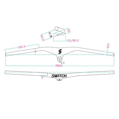 CINTRE VTT DROIT SWITCH CONCORDE AVEC POTENCE INTEGREE FULL CARBONE L760mm POTENCE L 80mm (poids 260g) POUR PIVOT 1" 1/8.