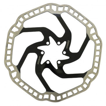 DISQUE DE FREIN VTT 6 TROUS NEWTON BRAKCO COMPATIBLE SHIMANO ET AUTRES 203mm ARGENT CENTRE NOIR